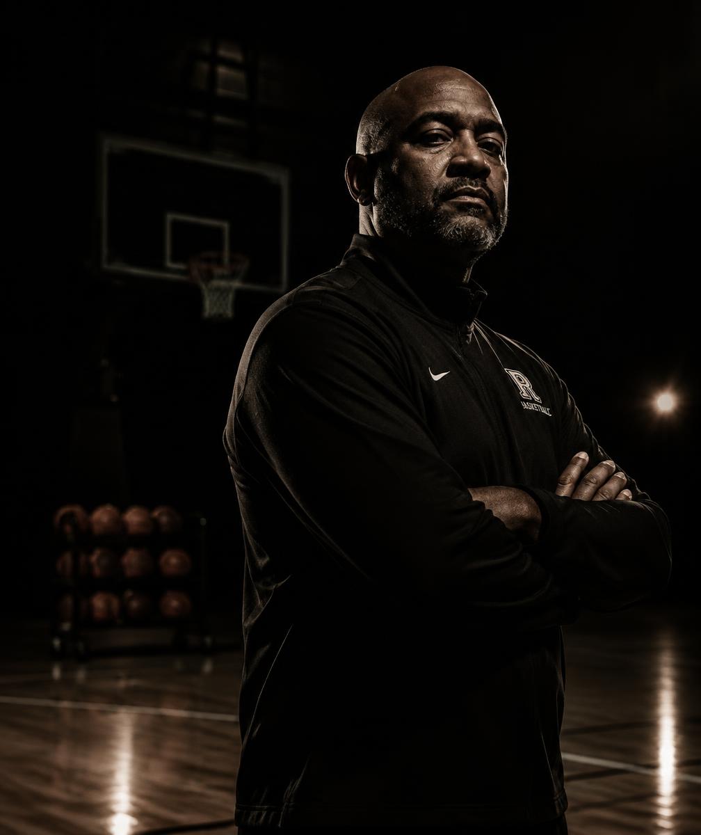 Basketball coach standing in a dim gym