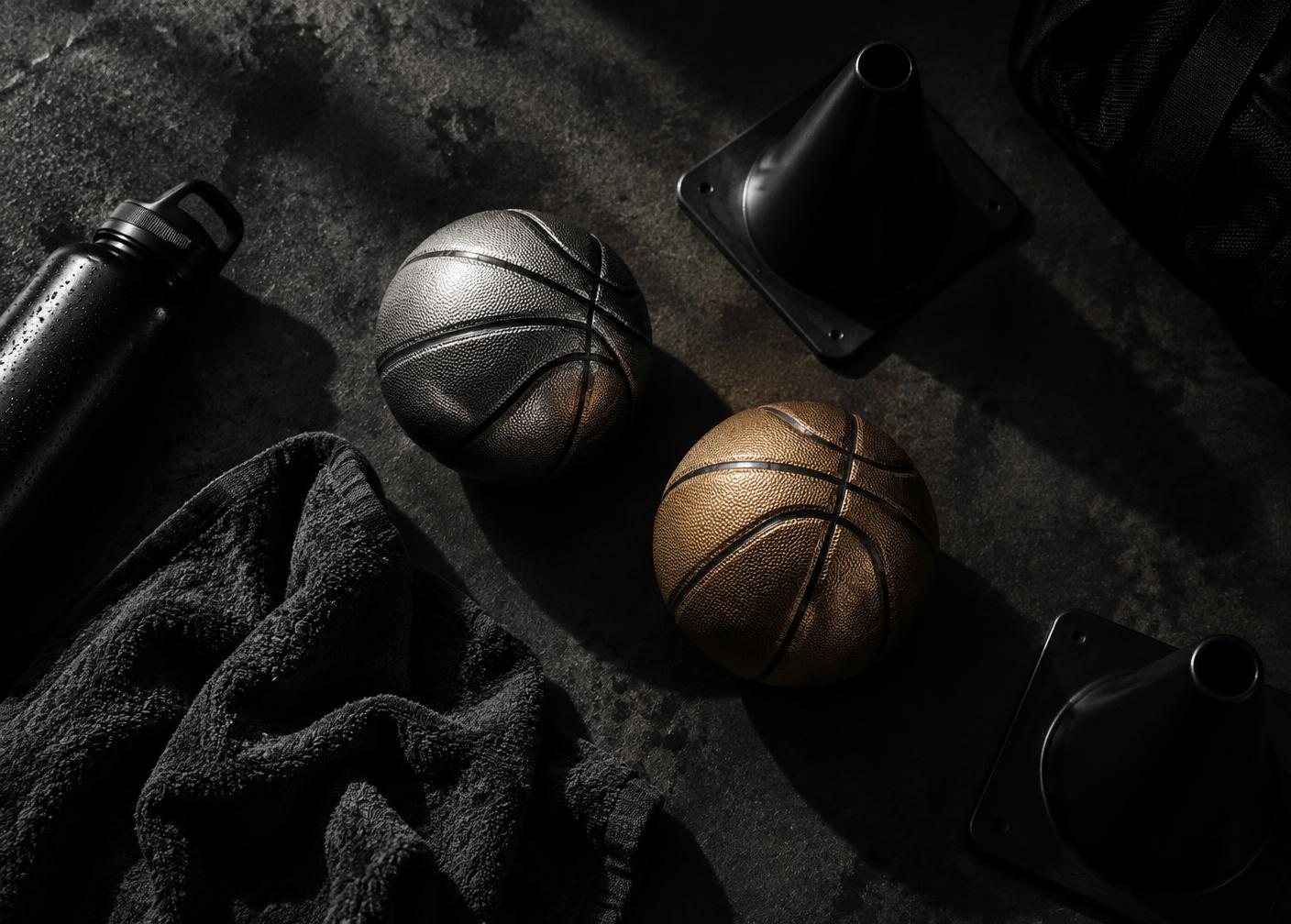 PEAK training basketballs and gear laid out on dark concrete