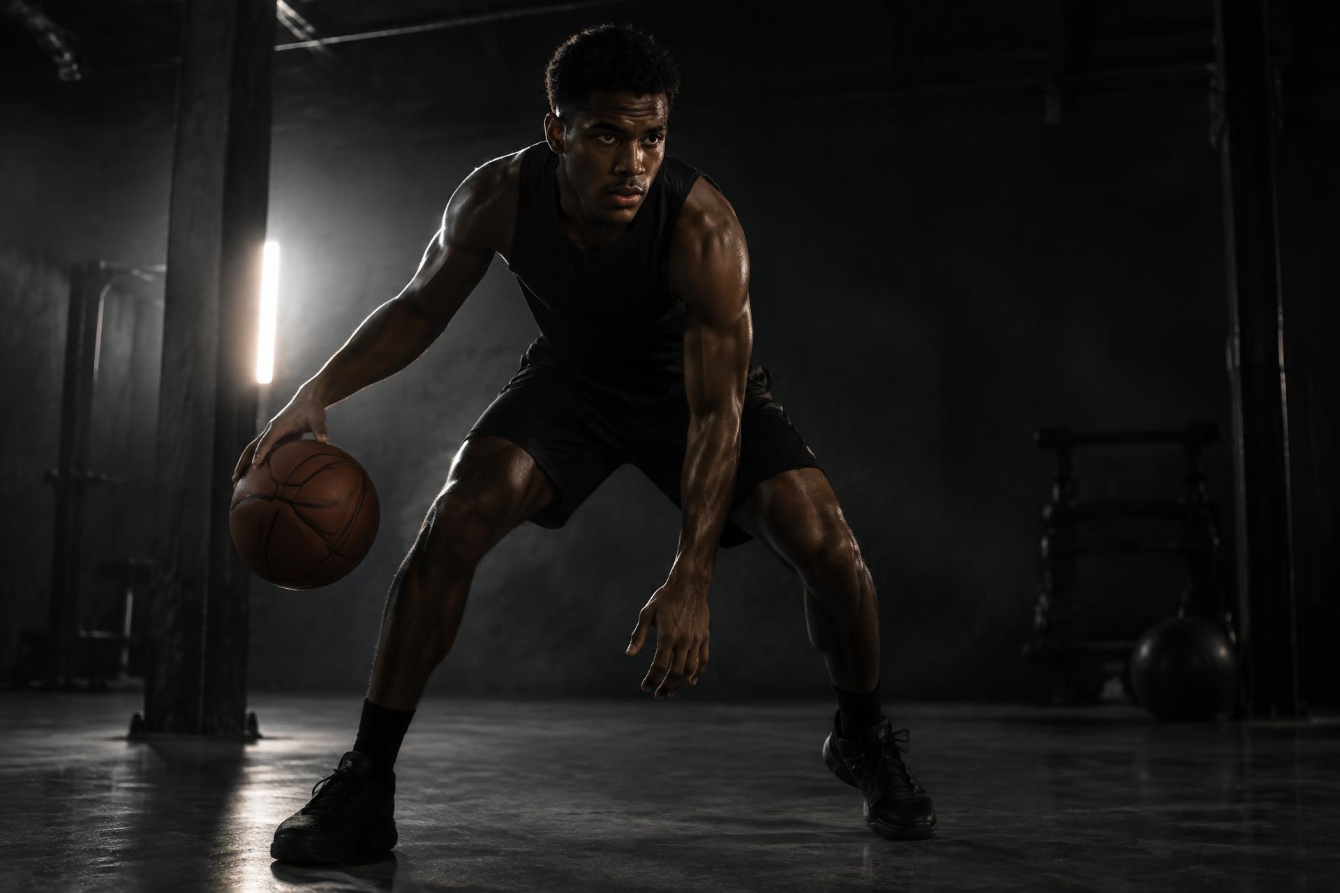 Basketball athlete performing low ball-handling drills in a dark training gym